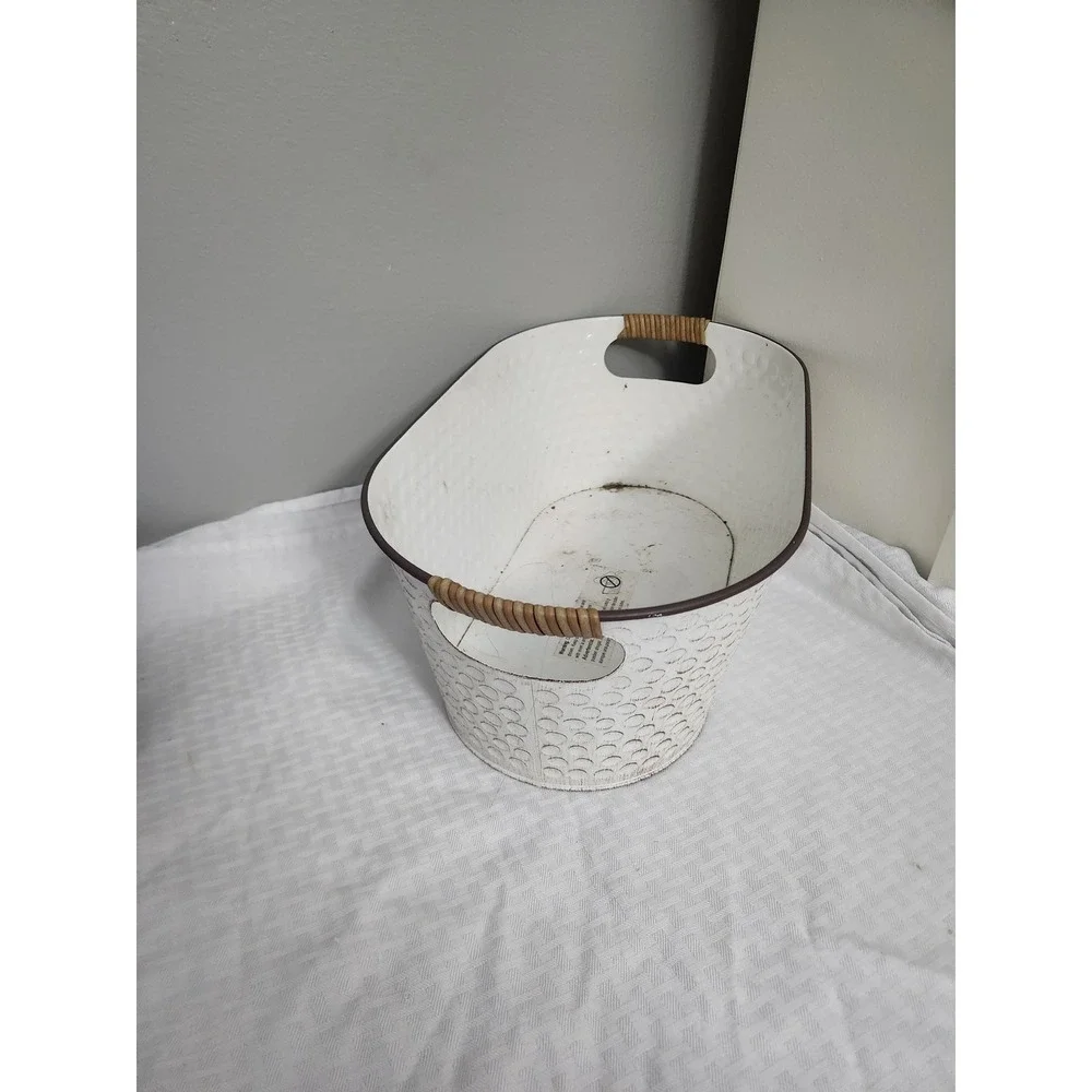 White Distressed Metal Oval Storage Bin with Rattan Handles Farmhouse Decor